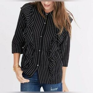 Madewell Black and White Striped Ruffle Button Down Blouse 💯 Silk S